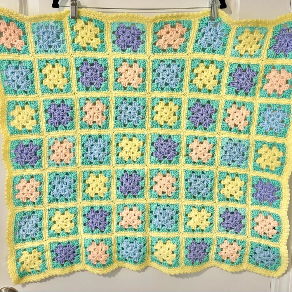 Crochet Baby Crib Throw Swaddle Granny Square yellow, blue, aqua, purple, peach